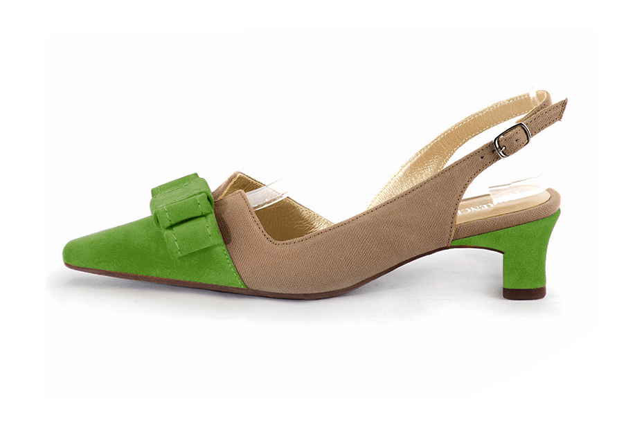 French elegance and refinement for these grass green and tan beige dress slingback shoes, with a knot, 
                available in many subtle leather and colour combinations. The pretty French spirit of this beautiful pump will accompany your steps nicely and comfortably.
To be personalized or not, with your materials and colors.  
                Matching clutches for parties, ceremonies and weddings.   
                You can customize these shoes to perfectly match your tastes or needs, and have a unique model.  
                Choice of leathers, colours, knots and heels. 
                Wide range of materials and shades carefully chosen.  
                Rich collection of flat, low, mid and high heels.  
                Small and large shoe sizes - Florence KOOIJMAN
